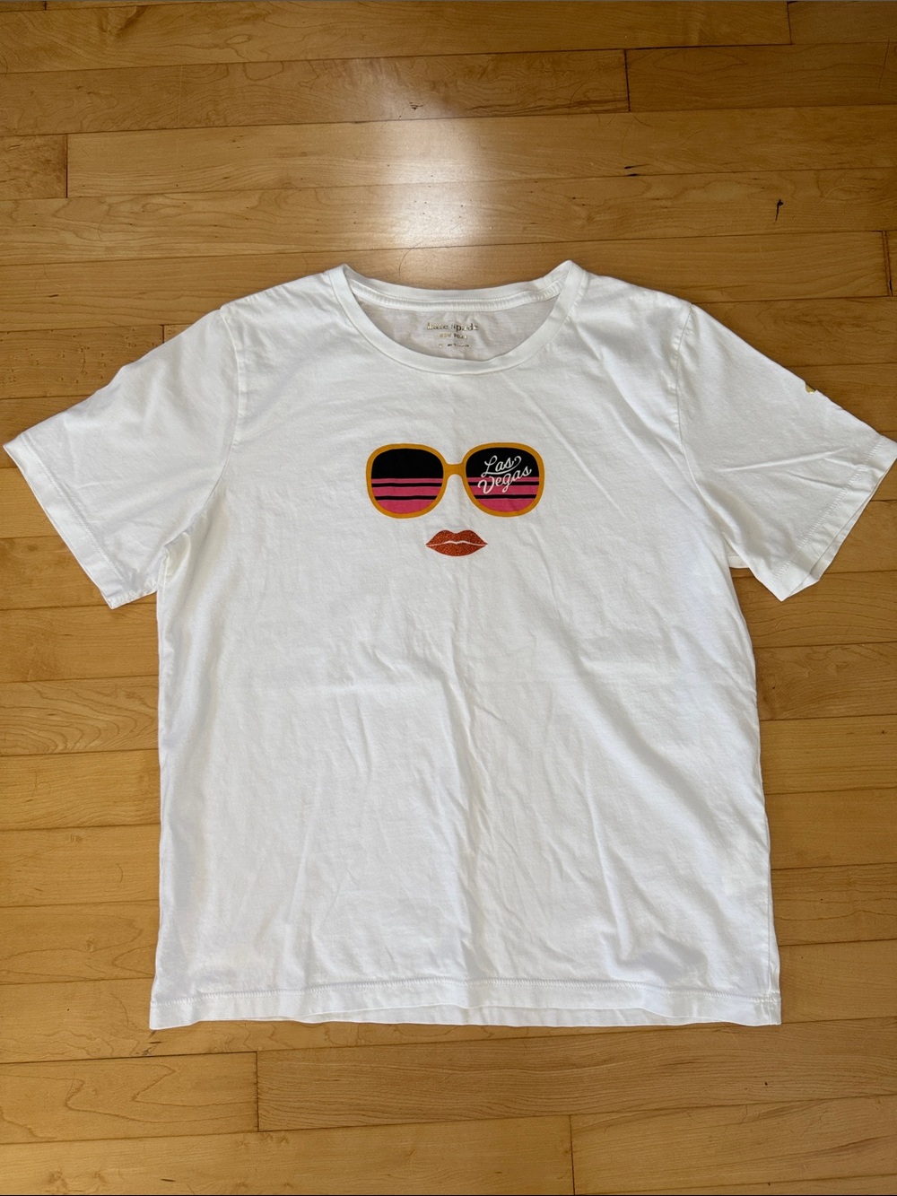 kate spade White Tee with Sunglasses Graphic and Gold Logo Size M 100% Cotton